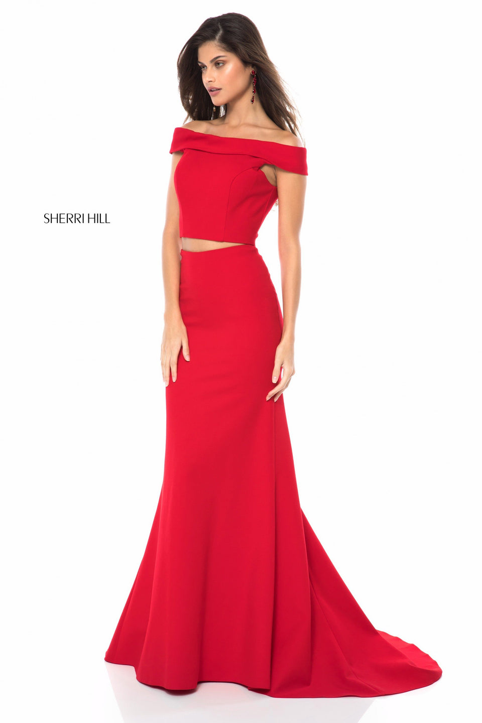 sherri hill Jersey mermaid two piece with off-the-shoulder bodice and open back