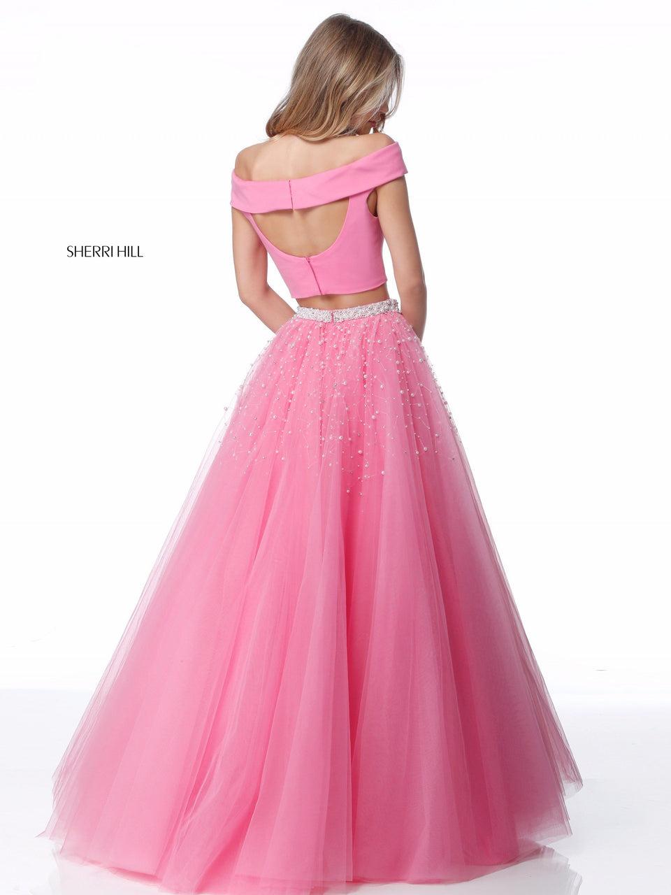 Sherri Hill Jersey Off-the-shoulder Bodice And Tulle A-line Skirt With Beaded Belt And Appliques