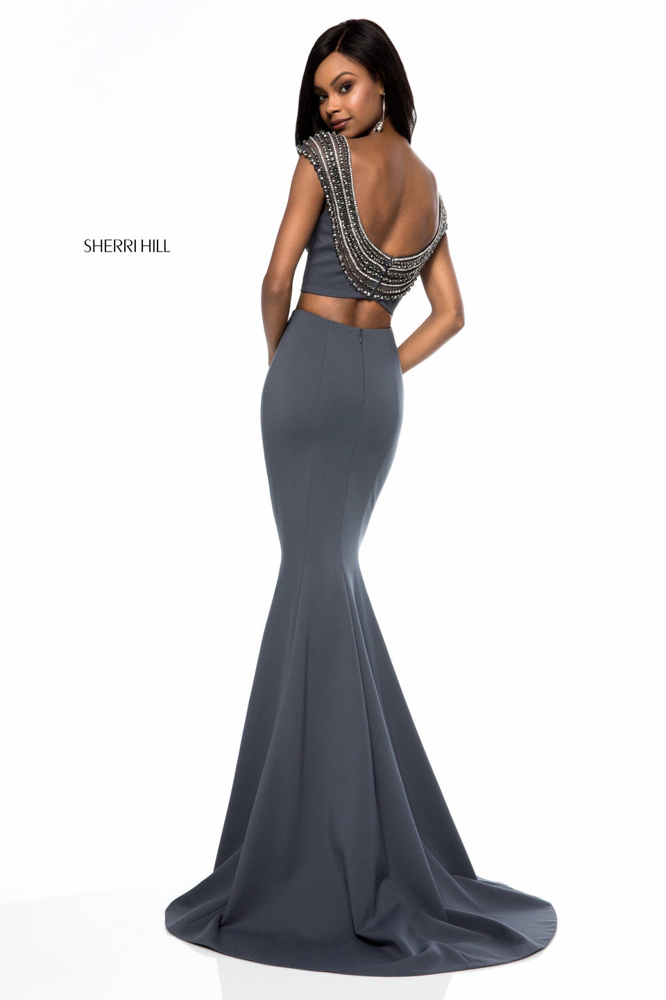 Sherri Hill Jersey Two Piece With Bead And Pearl Encrusted Neckline And Mermaid Skirt