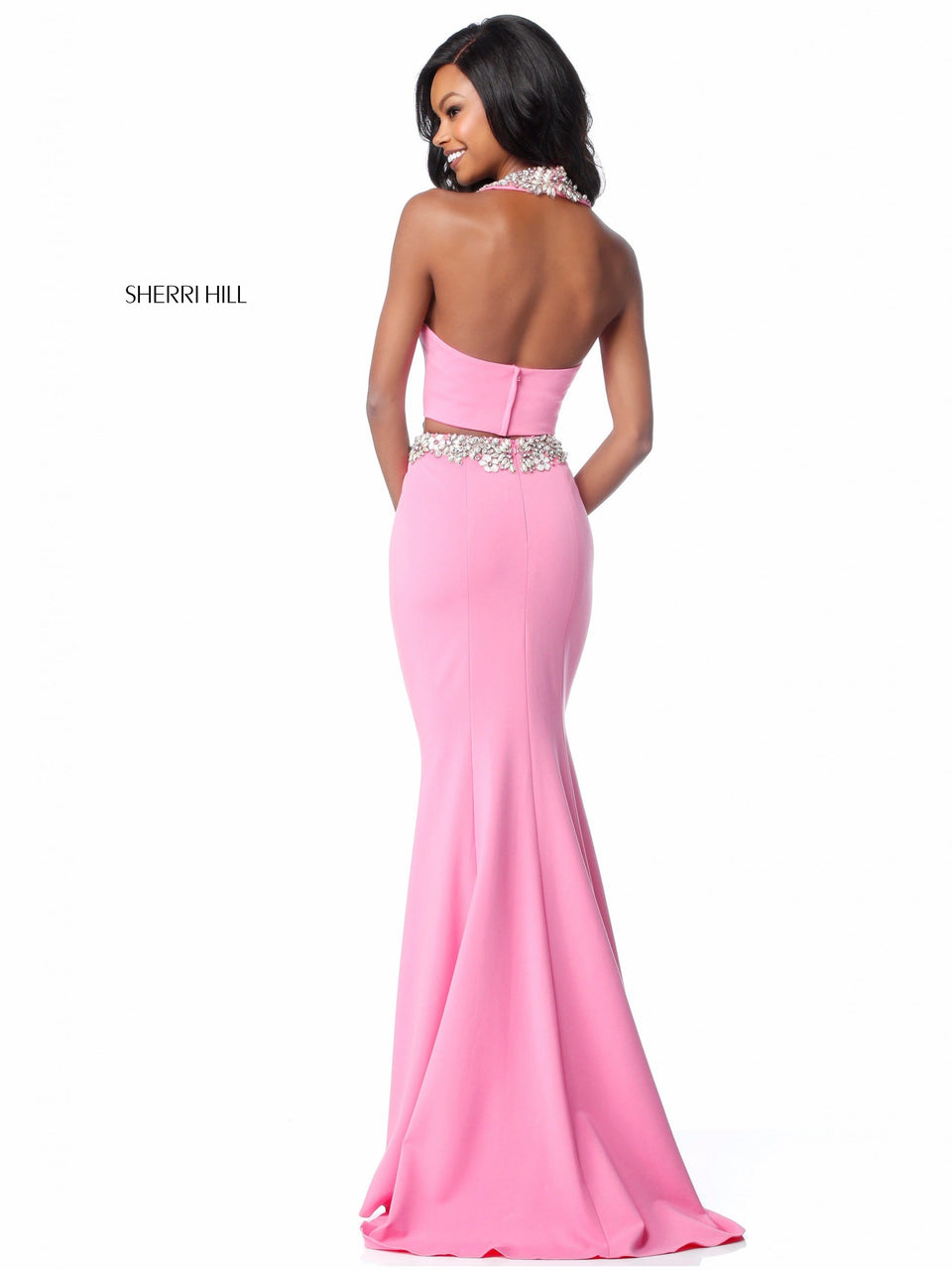 Sherri Hill Jersey Two Piece With Beaded High Neck Halter Bodice And Fitted Skirt With Beaded Belt