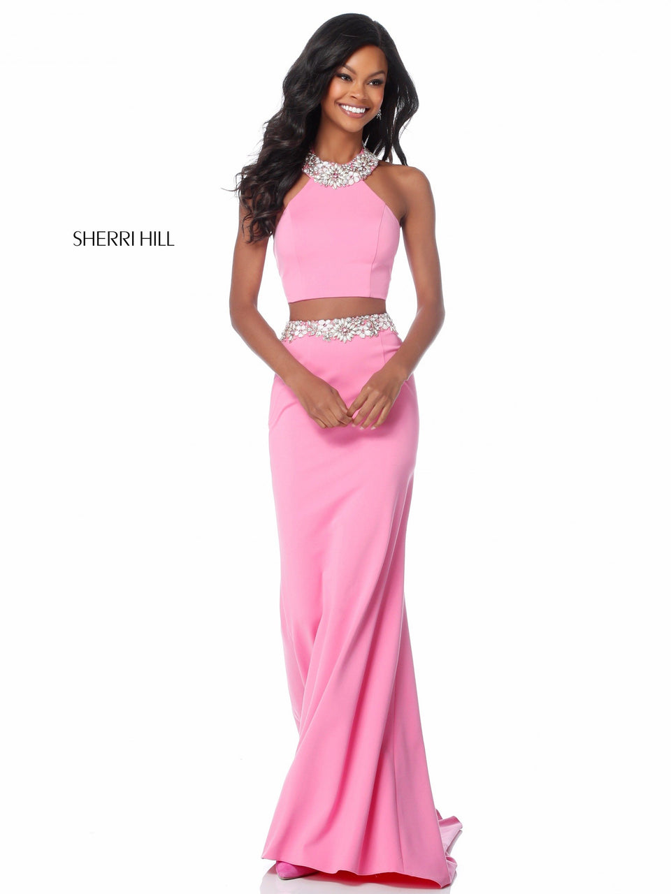 sherri hill Jersey two piece with beaded high neck halter bodice and fitted skirt with beaded belt