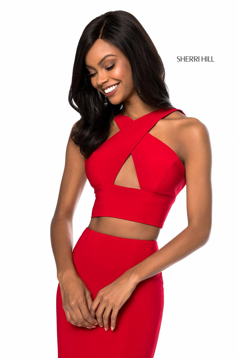 Sherri Hill Jersey Two Piece With Cross Front Keyhole And Slit Skirt