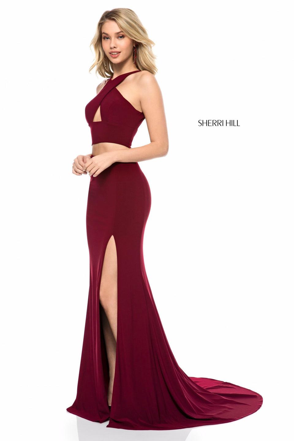 sherri hill Jersey two piece with cross front keyhole and slit skirt