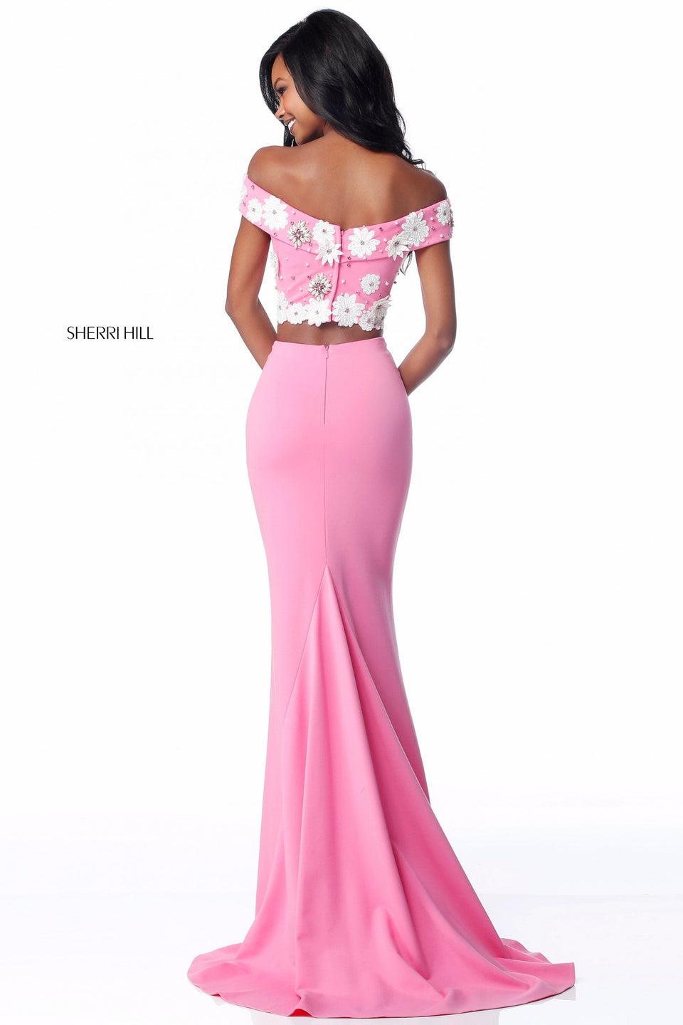 Sherri Hill Jersey Two Piece With Flower And Bead Appliqued Bodice And Fitted Skirt
