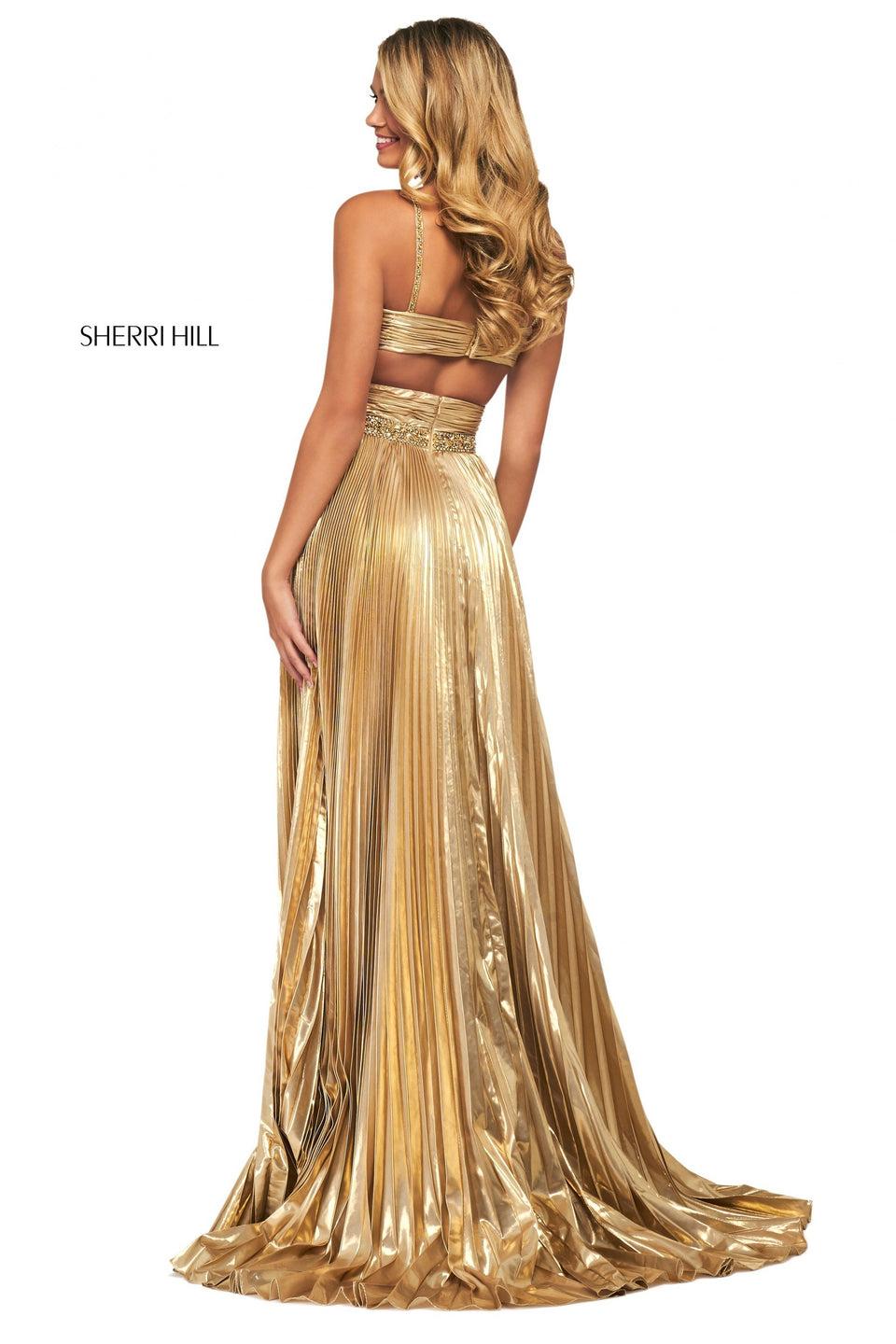 Sherri Hill Knife Pleated Lamé Gown With Ruched Criss-cross Wrap Bodice Beaded Waistband And Straps And Skirt Slit