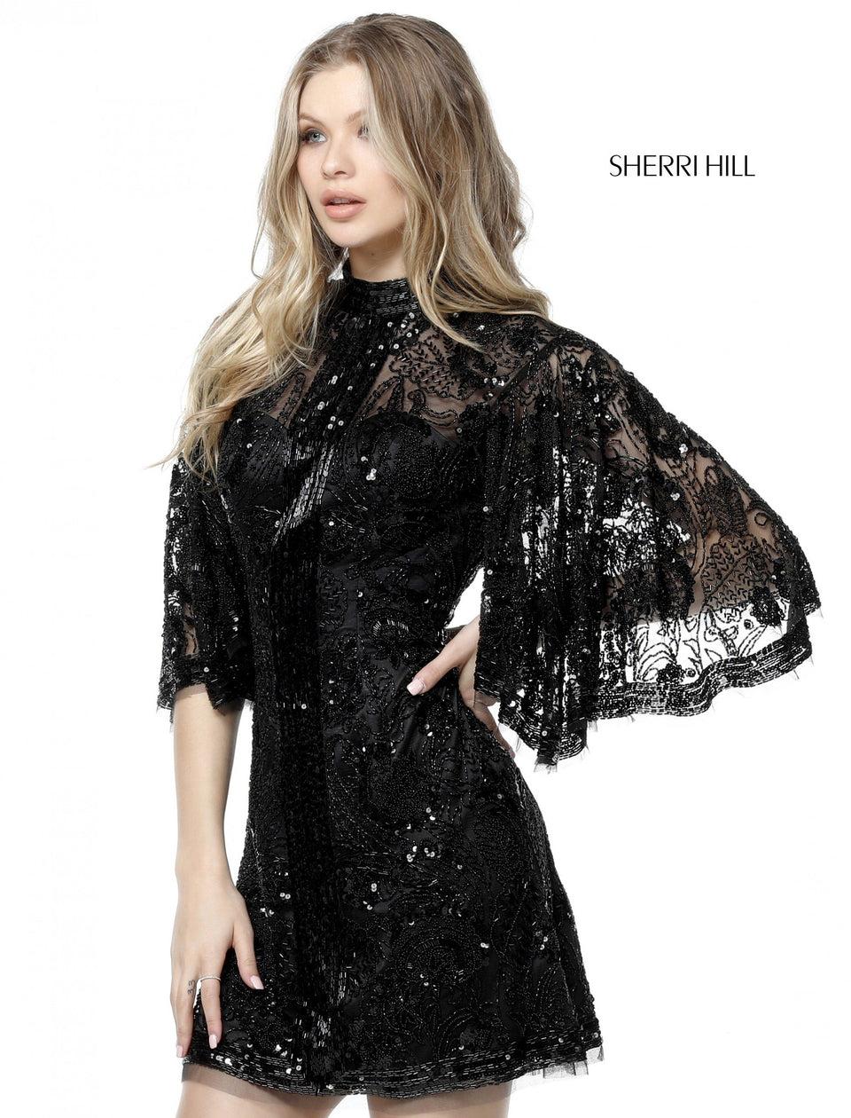 sherri hill Lace and bead appliqued cocktail with high neck bodice flare sleeves and cut out back