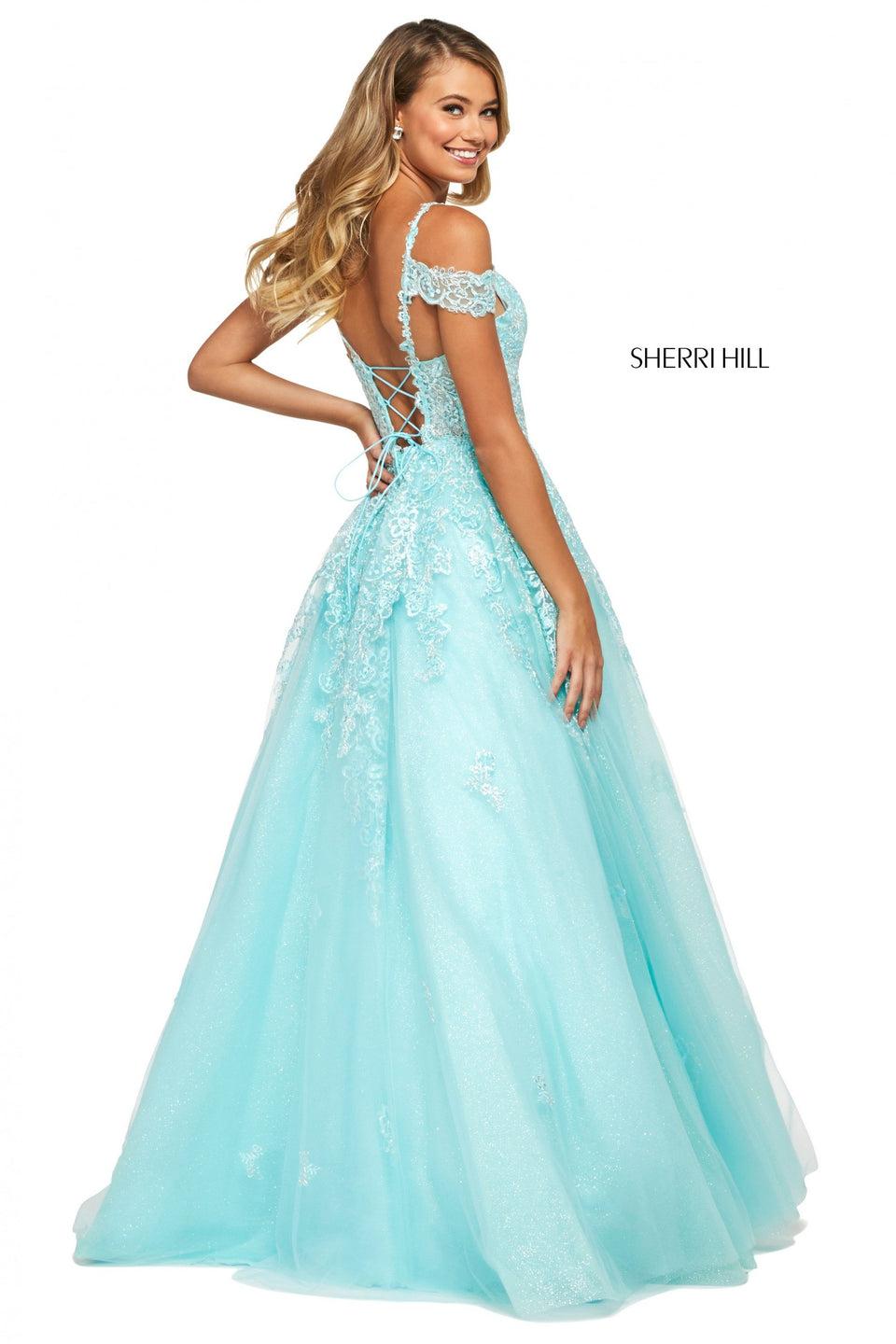 Sherri Hill Lace And Glitter Tulle Ball Gown With Sweetheart Neckline Cold Shoulder Straps And Lace Up Back