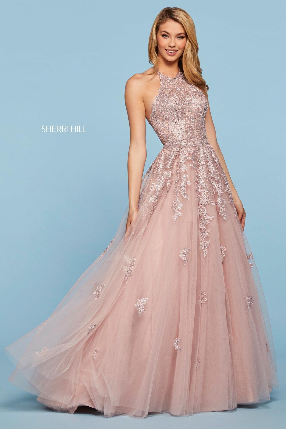 Sherri Hill Lace And Tulle A-line Dress With High Cut Halter Neckline