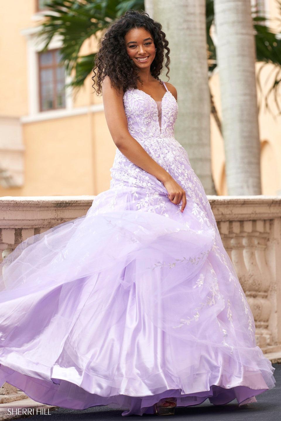 Sherri Hill Lace And Tulle Ball Gown With Plunging Neckline And Lace Up Back