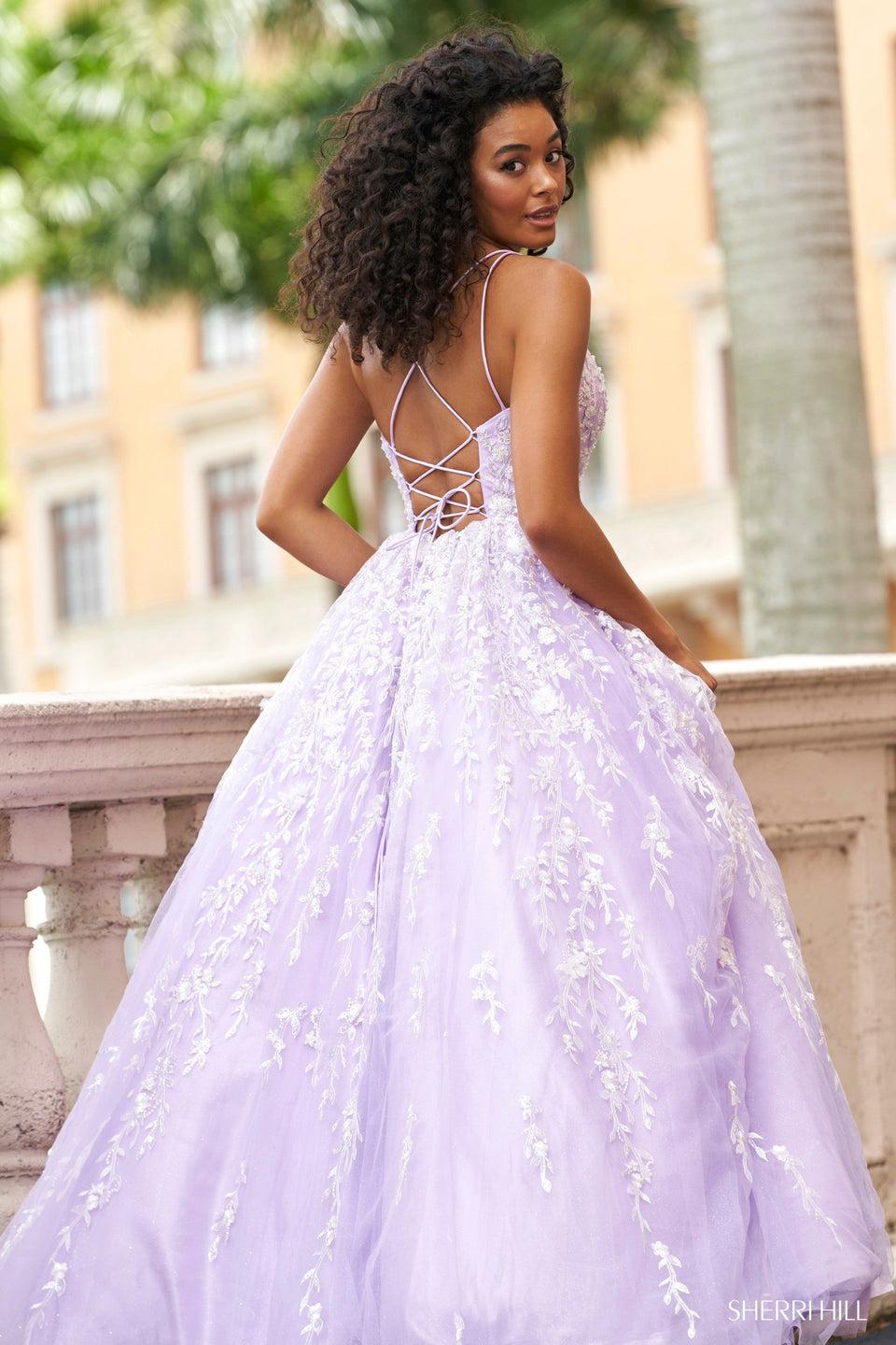 sherri hill Lace and tulle ball gown with plunging neckline and lace up back