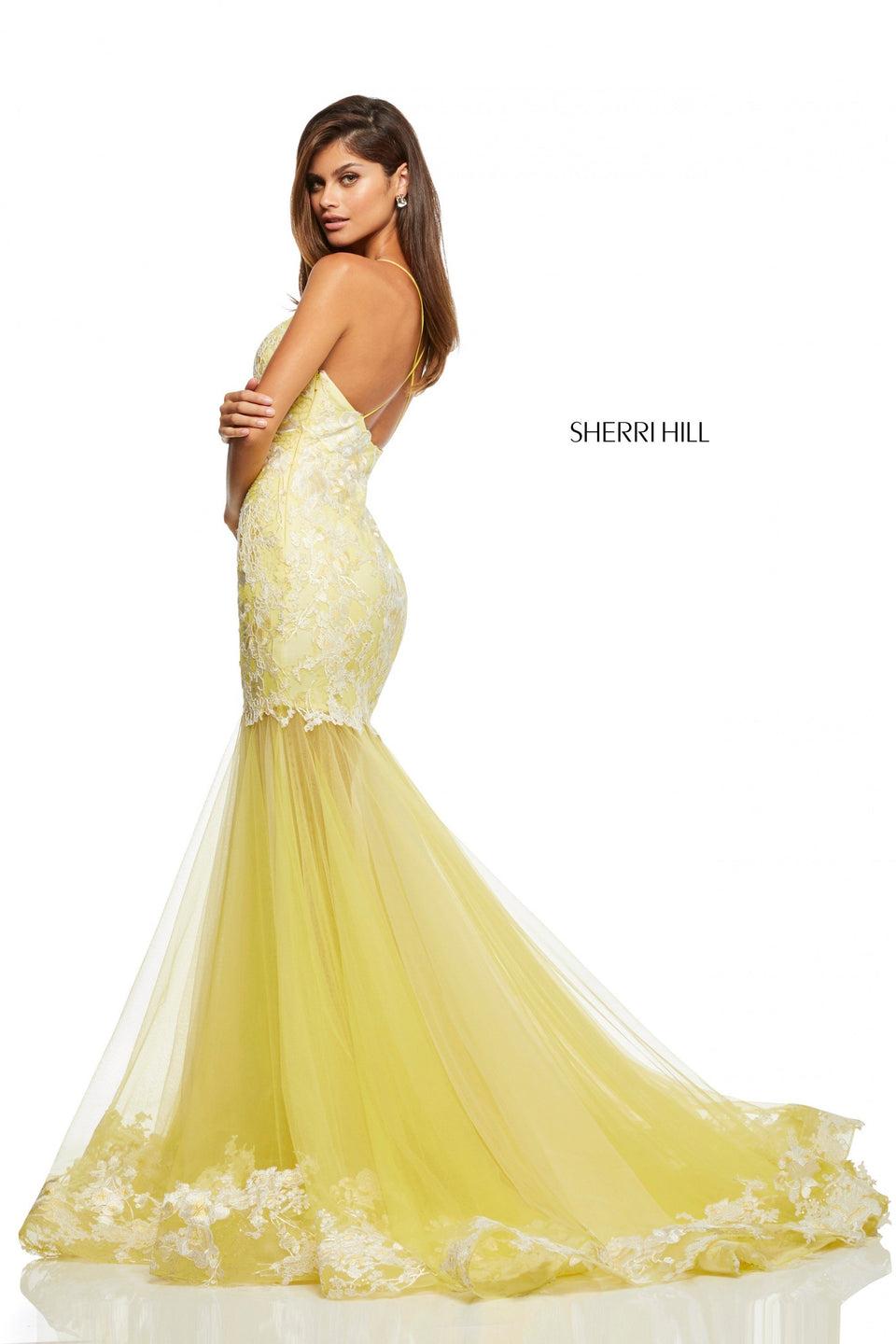 Sherri Hill Lace And Tulle Mermaid With Deep-V Neck Lace Trim At The Hem And Criss Cross Straps In The Back