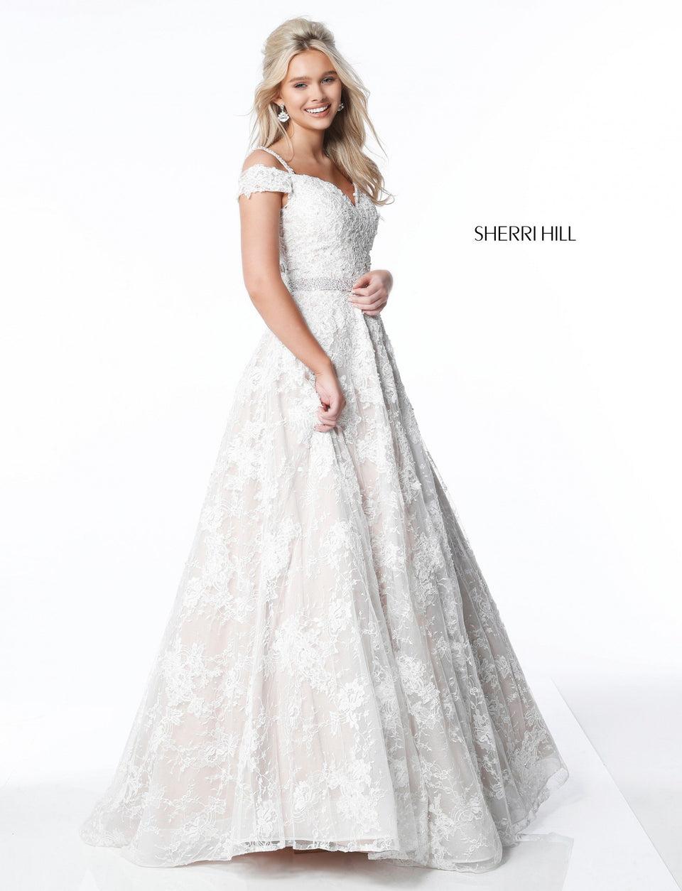 Sherri Hill Lace Appliqued A-line Gown With Off Shoulder Sweetheart Bodice And Bead Appliqued Spaghetti Straps