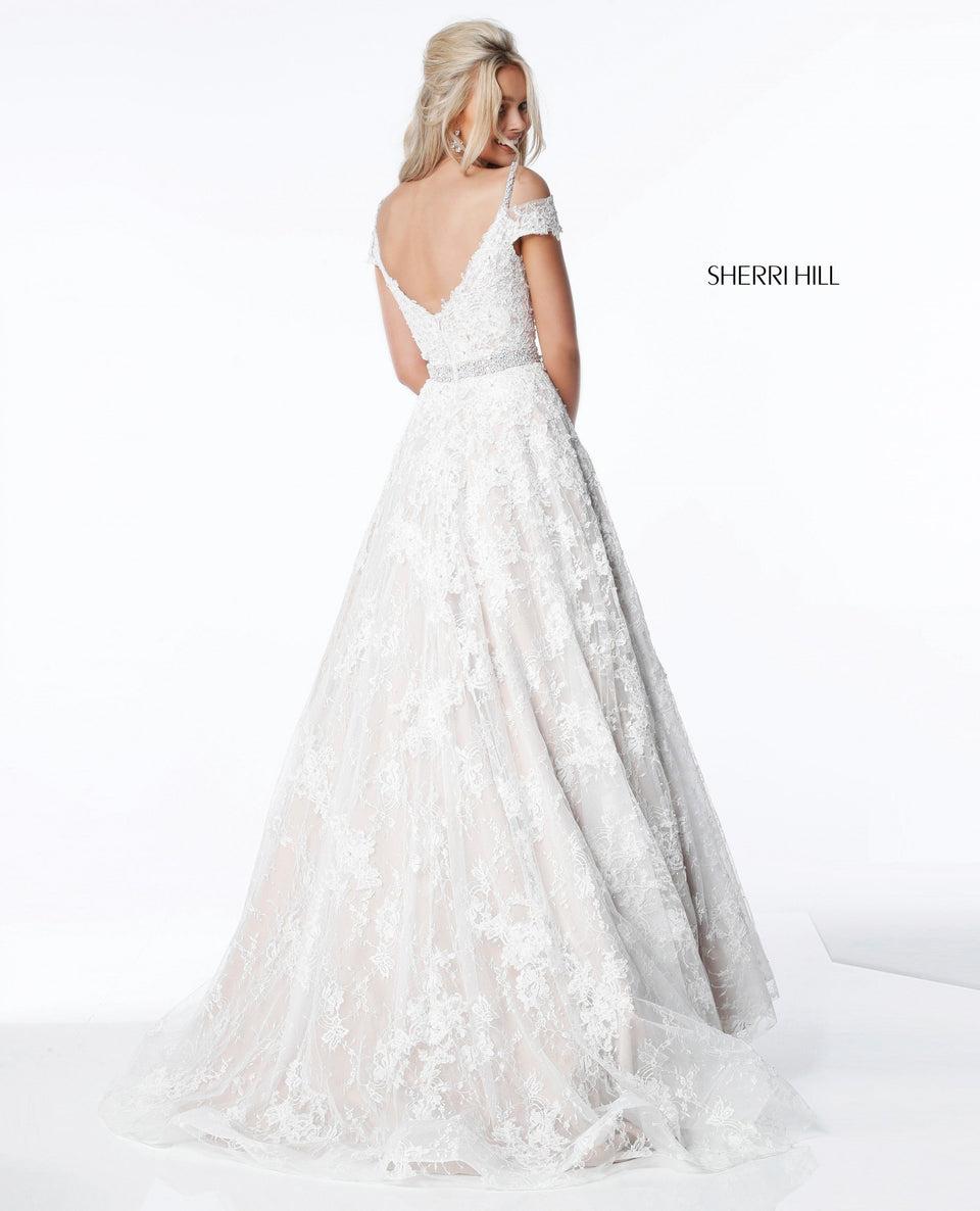 Sherri Hill Lace Appliqued A-line Gown With Off Shoulder Sweetheart Bodice And Bead Appliqued Spaghetti Straps