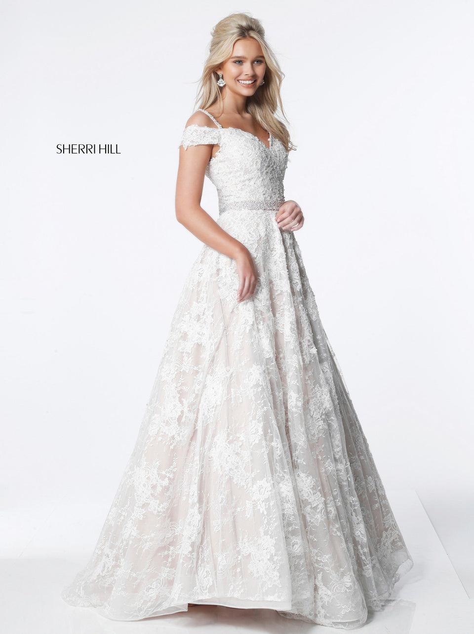 Sherri Hill Lace Appliqued A-line Gown With Off Shoulder Sweetheart Bodice And Bead Appliqued Spaghetti Straps