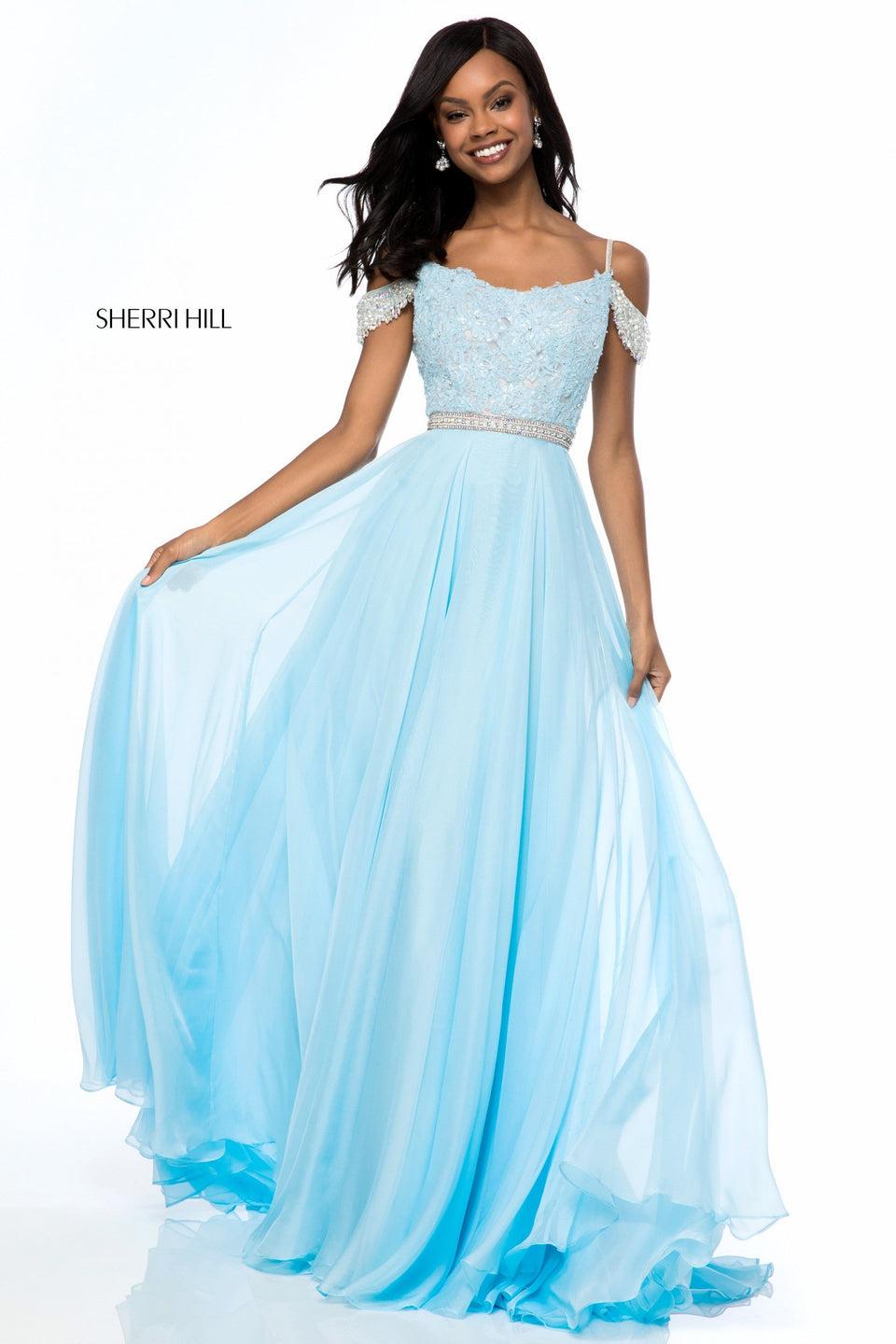 Sherri Hill Lace Appliqued Bodice With Beaded Off-the-shoulder Straps And Chiffon Skirt