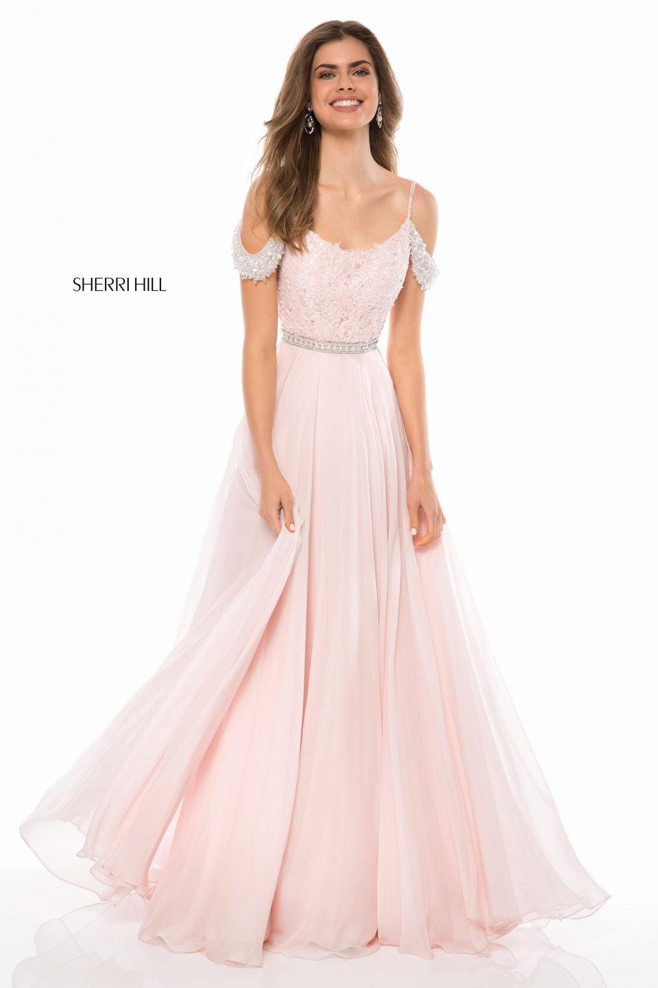 sherri hill Lace appliqued bodice with beaded off-the-shoulder straps and chiffon skirt
