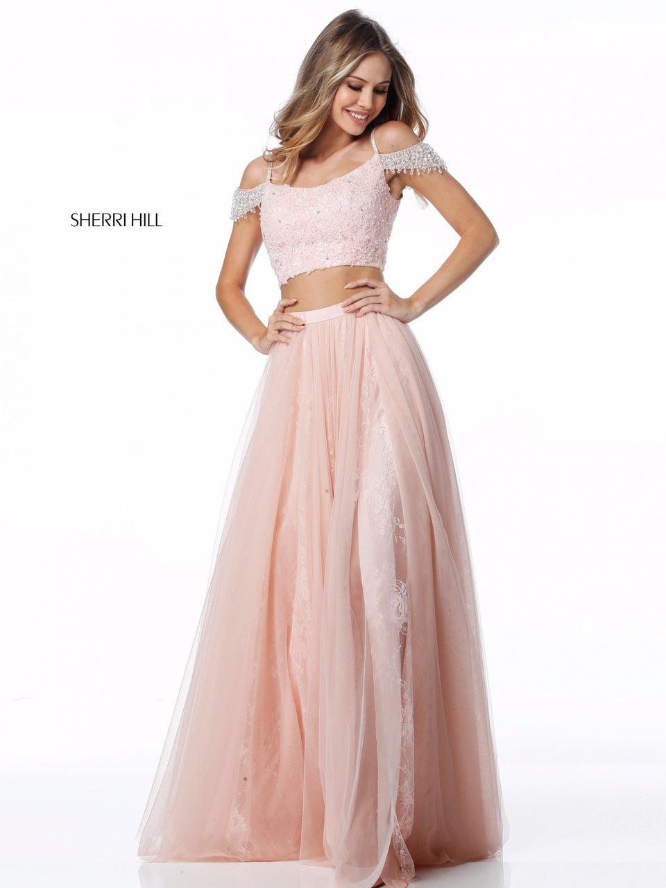 sherri hill Lace appliqued bodice with beaded shoulder strap detail and tulle skirt