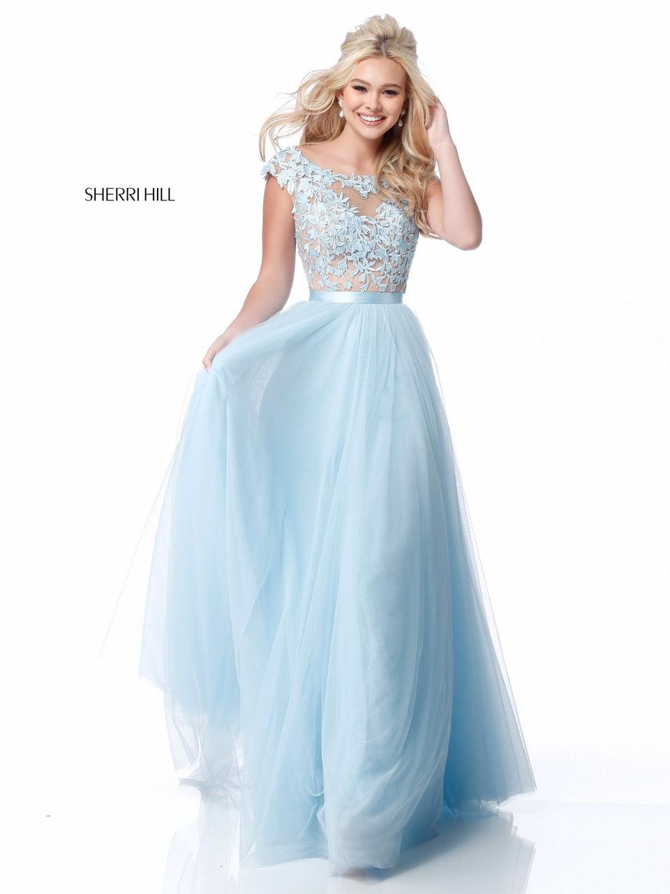 sherri hill Lace appliqued bodice with low back and chiffon skirt