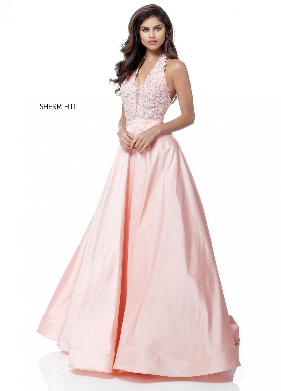 sherri hill Lace appliqued deep V bodice with taffeta ball gown skirt