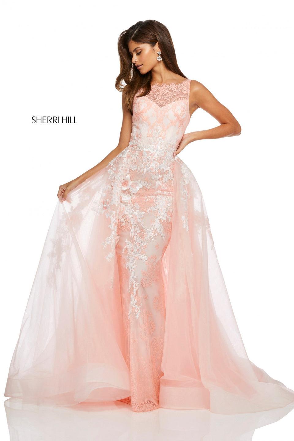 Sherri Hill Lace Appliqued Dress With Sheer Lace Neckline Panel And Ball Gown Overskirt