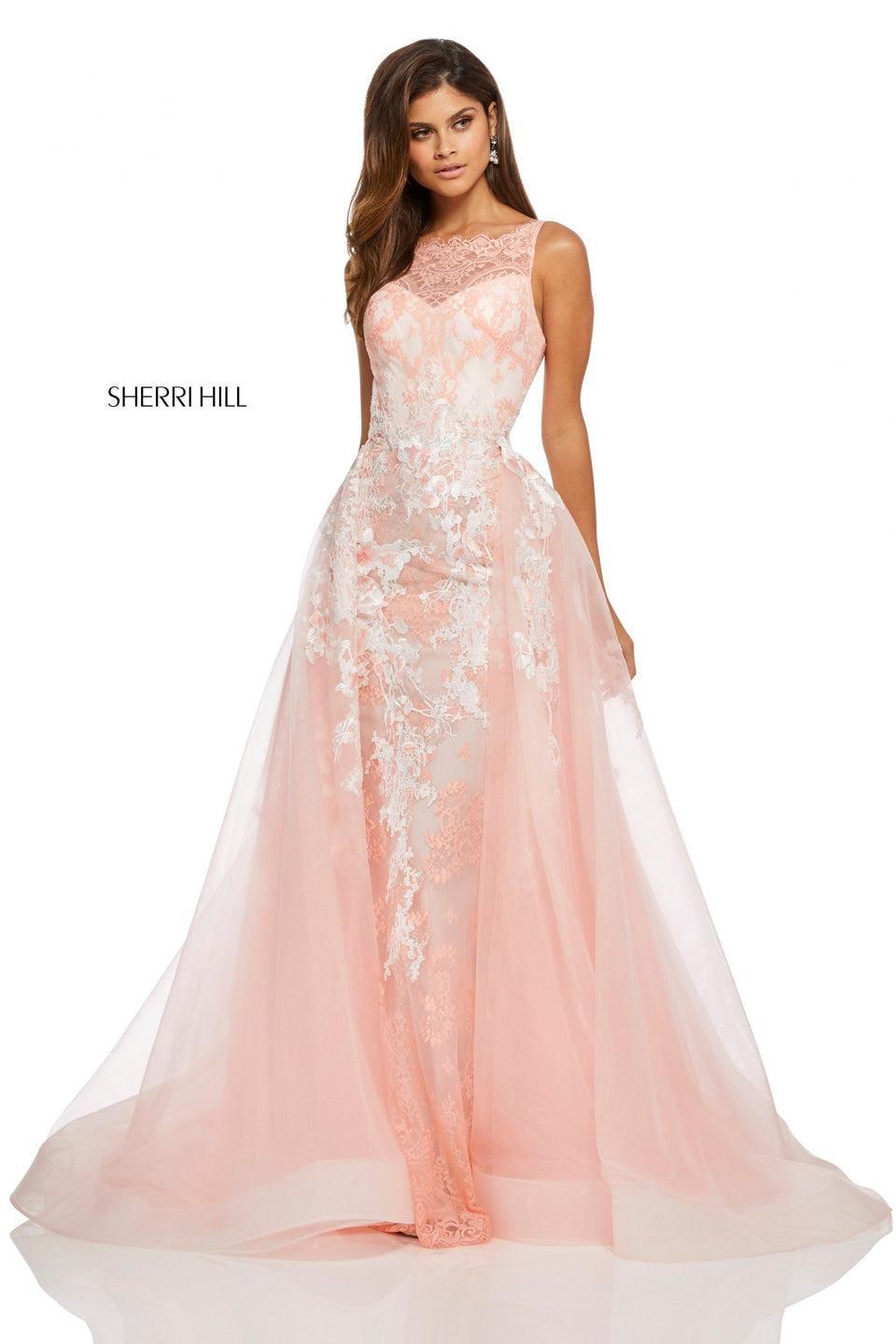 sherri hill Lace appliqued dress with sheer lace neckline panel and ball gown overskirt
