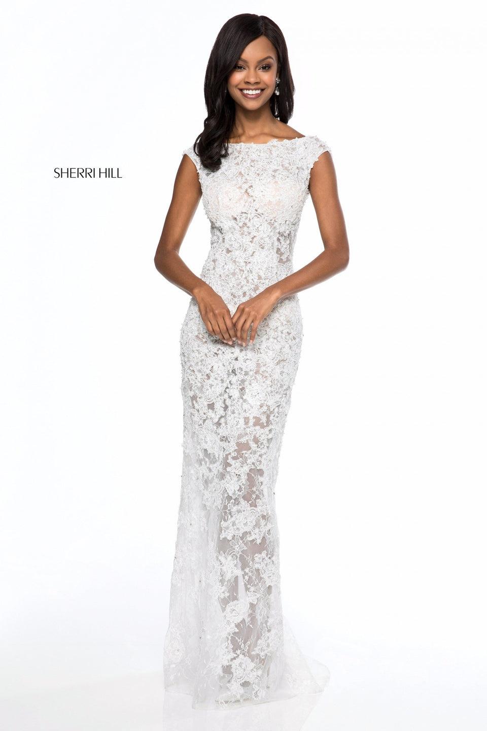 Sherri Hill Lace Appliqued Fitted Gown With Low Back And Tulle Overskirt