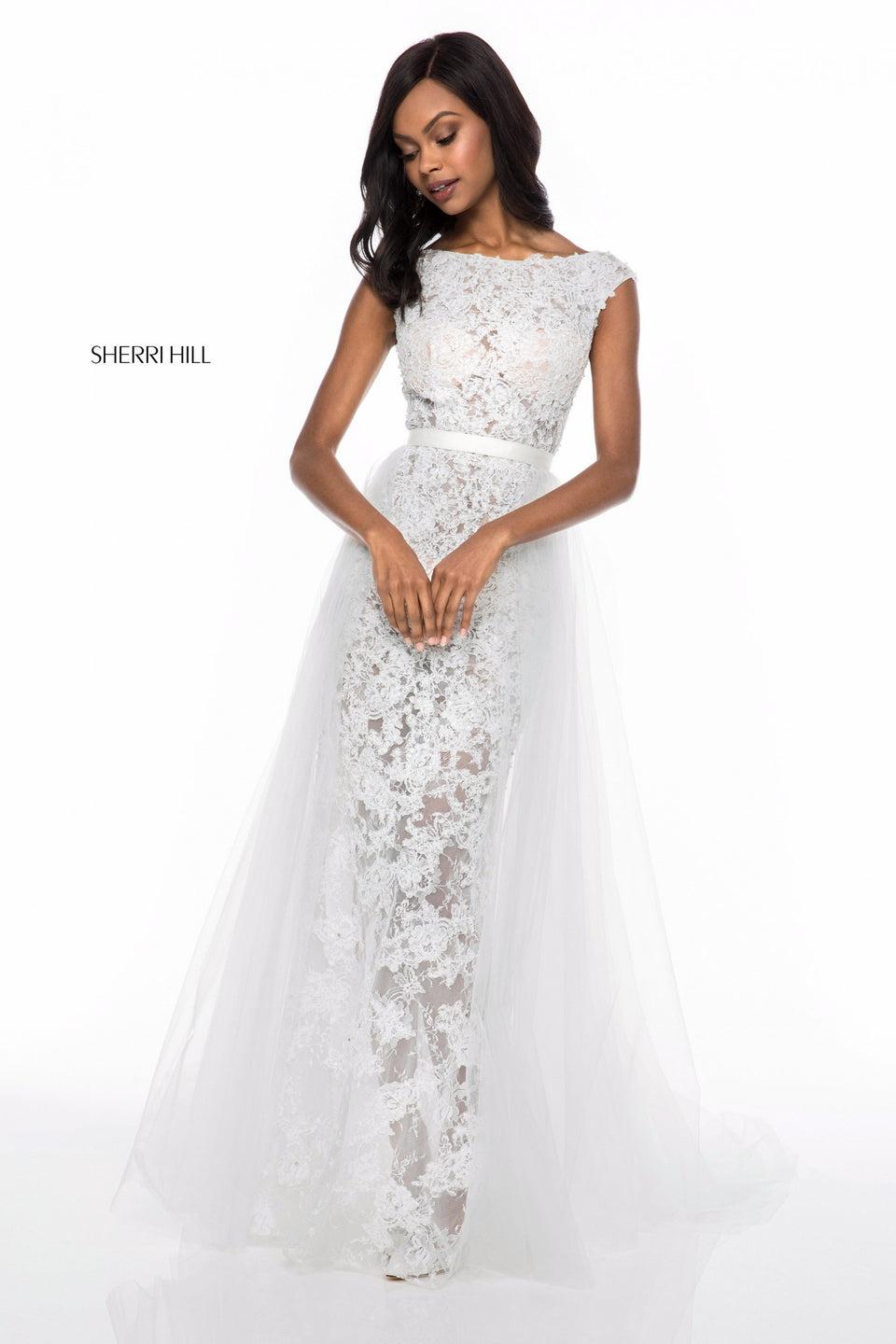 sherri hill Lace appliqued fitted gown with low back and tulle overskirt