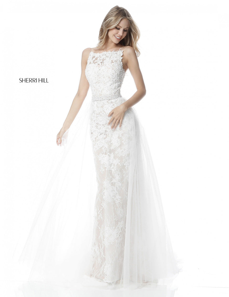 Sherri Hill Lace Appliqued Fitted Gown With Tulle Overskirt