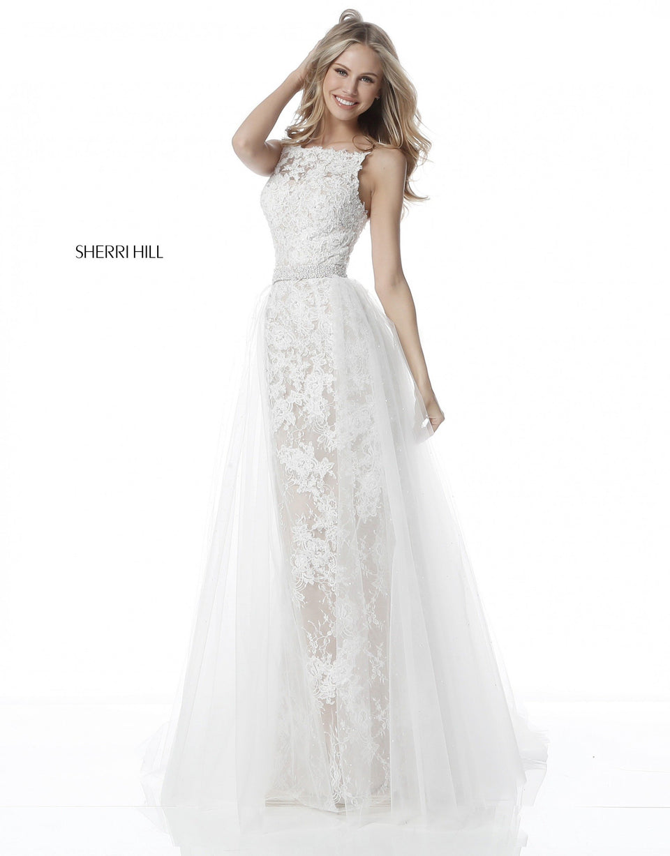 sherri hill Lace appliqued fitted gown with tulle overskirt