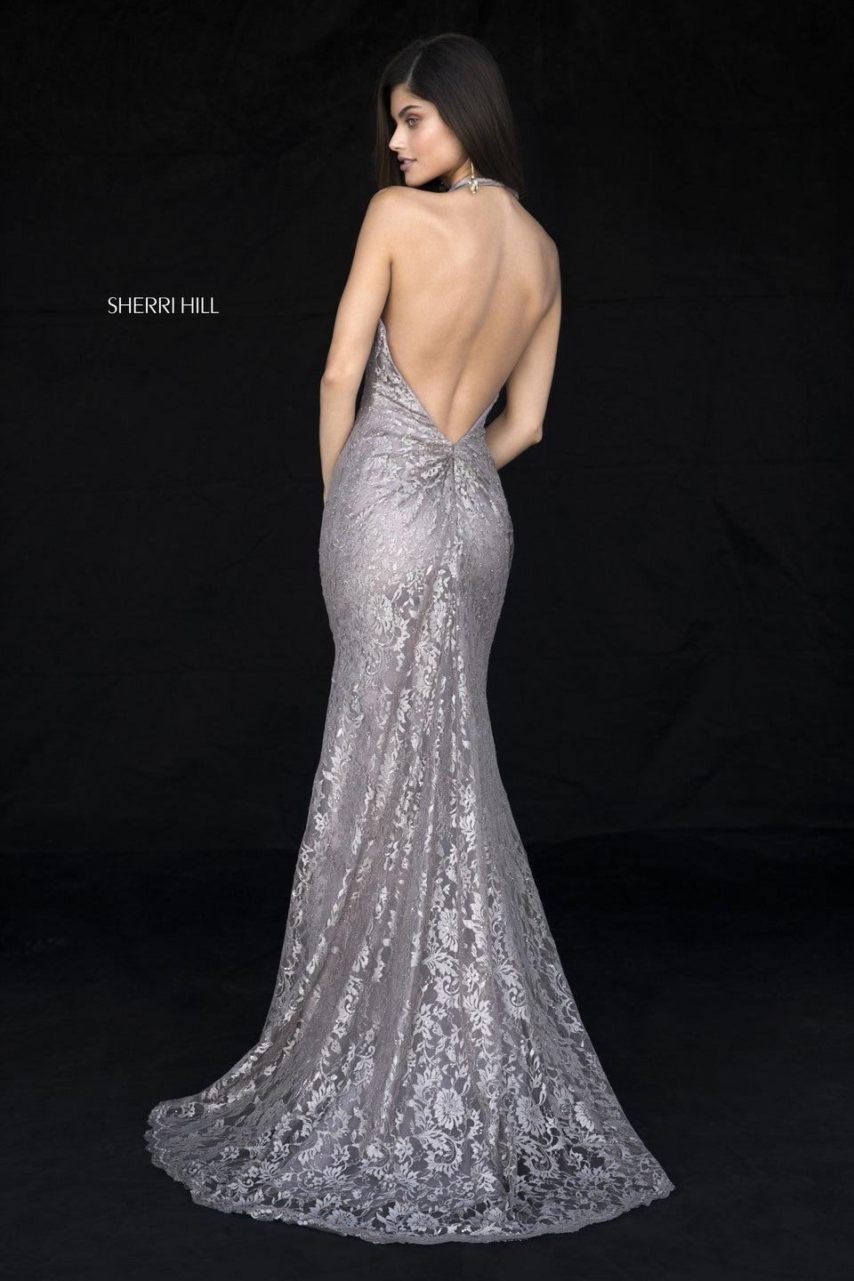 Sherri Hill Lace Appliqued Gown With Halter Bodice And Low Back