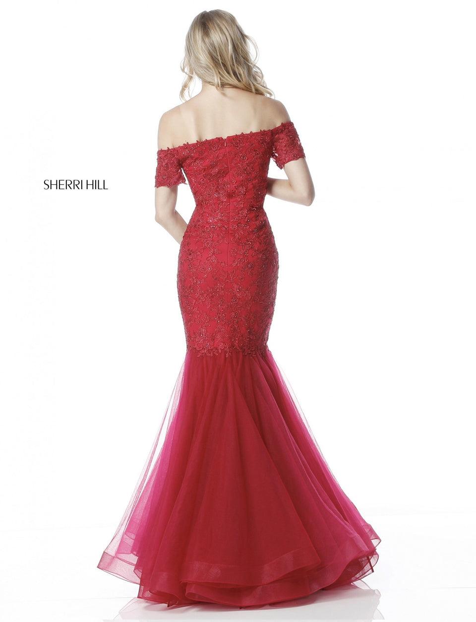 Sherri Hill Lace Appliqued Gown With Off-the- Shoulder Sweetheart Bodice And Tulle Mermaid Skirt