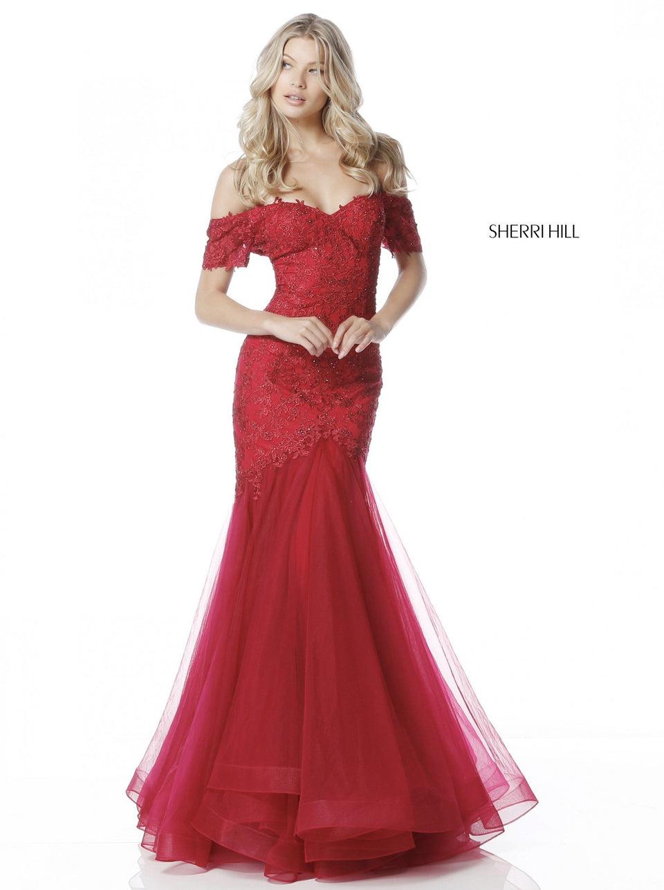 Sherri Hill Lace Appliqued Gown With Off-the- Shoulder Sweetheart Bodice And Tulle Mermaid Skirt