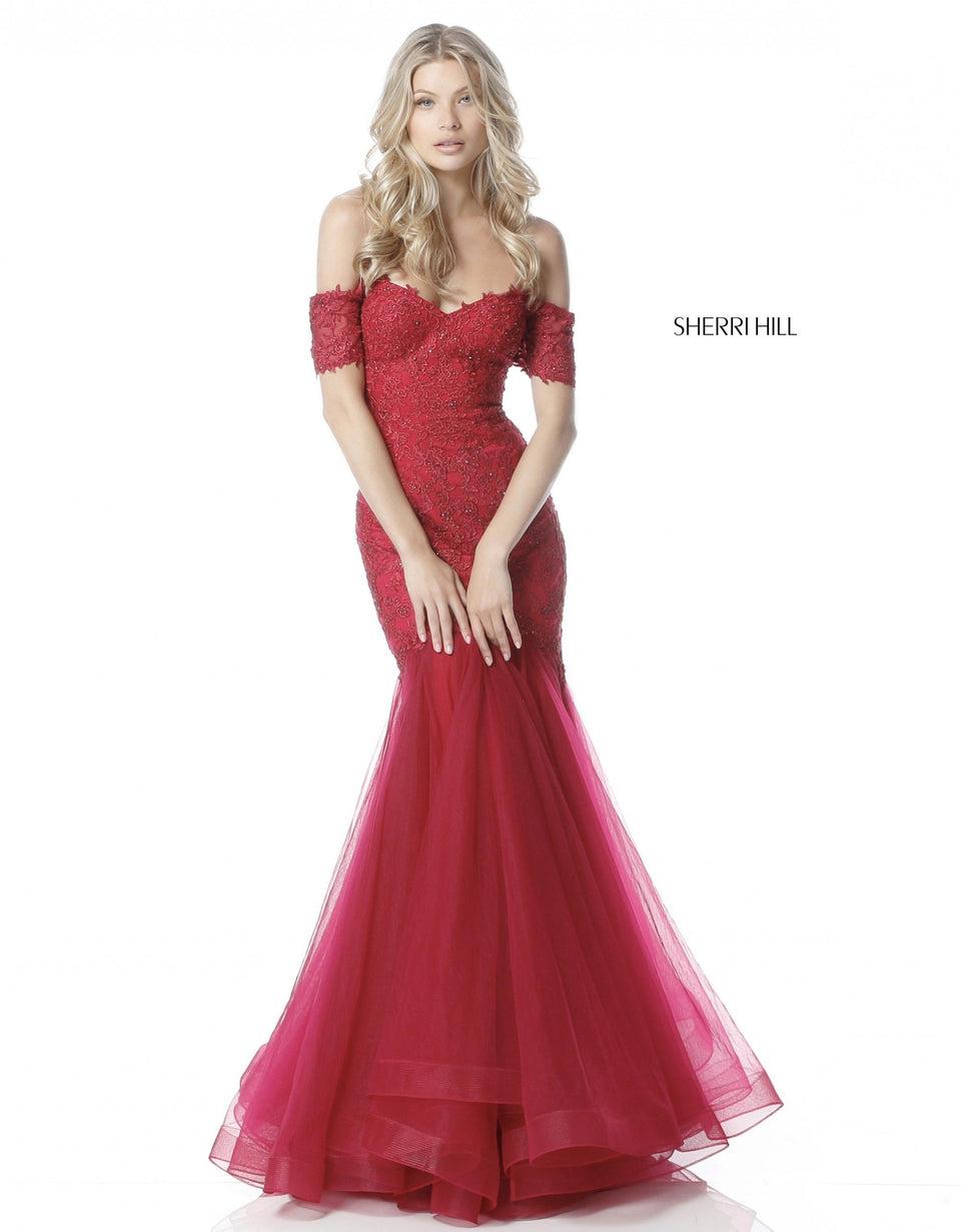 Sherri Hill Lace Appliqued Gown With Off-the- Shoulder Sweetheart Bodice And Tulle Mermaid Skirt
