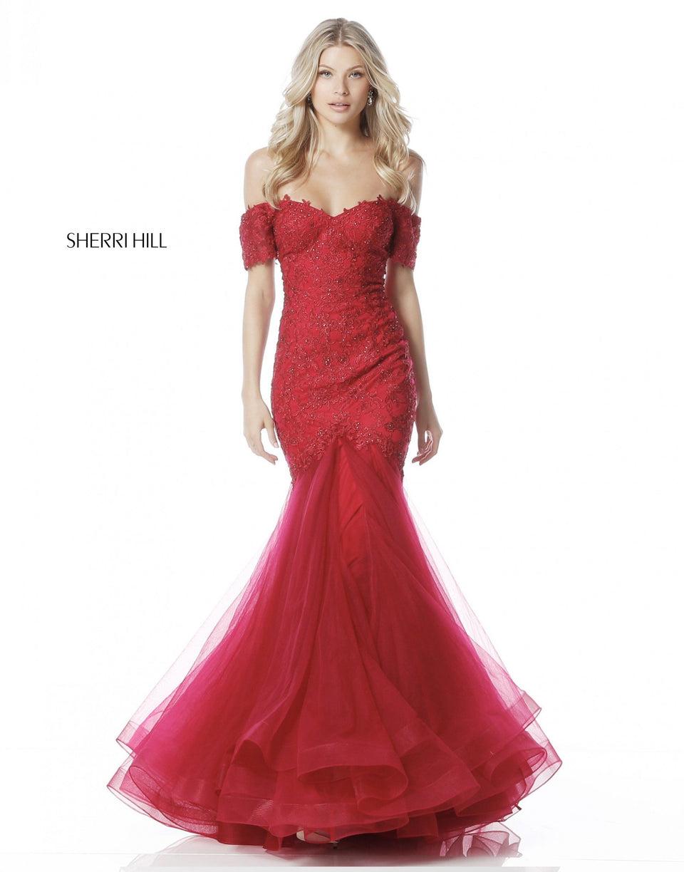 sherri hill Lace appliqued gown with off-the- shoulder sweetheart bodice and tulle mermaid skirt