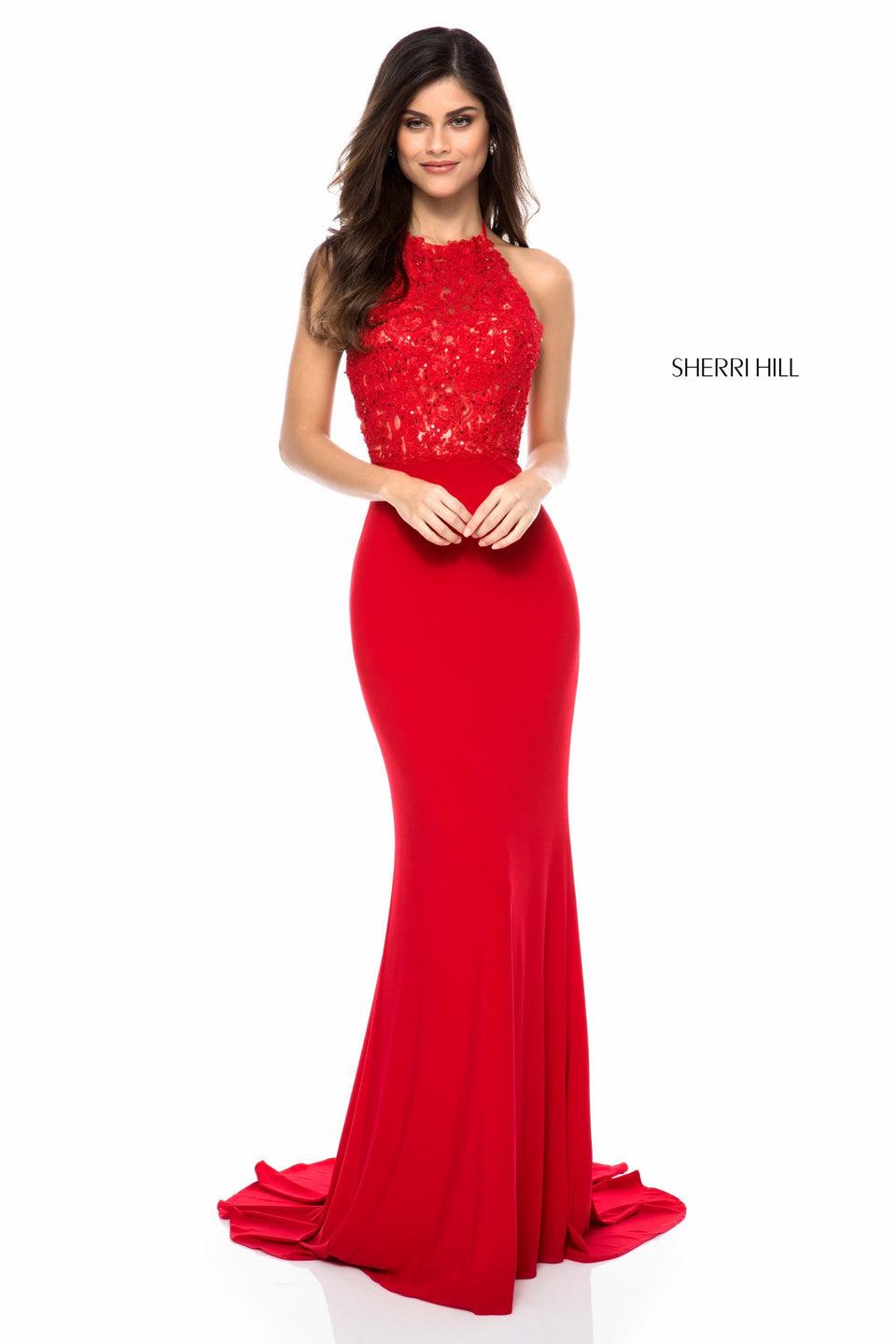 sherri hill Lace appliqued halter bodice with jersey skirt