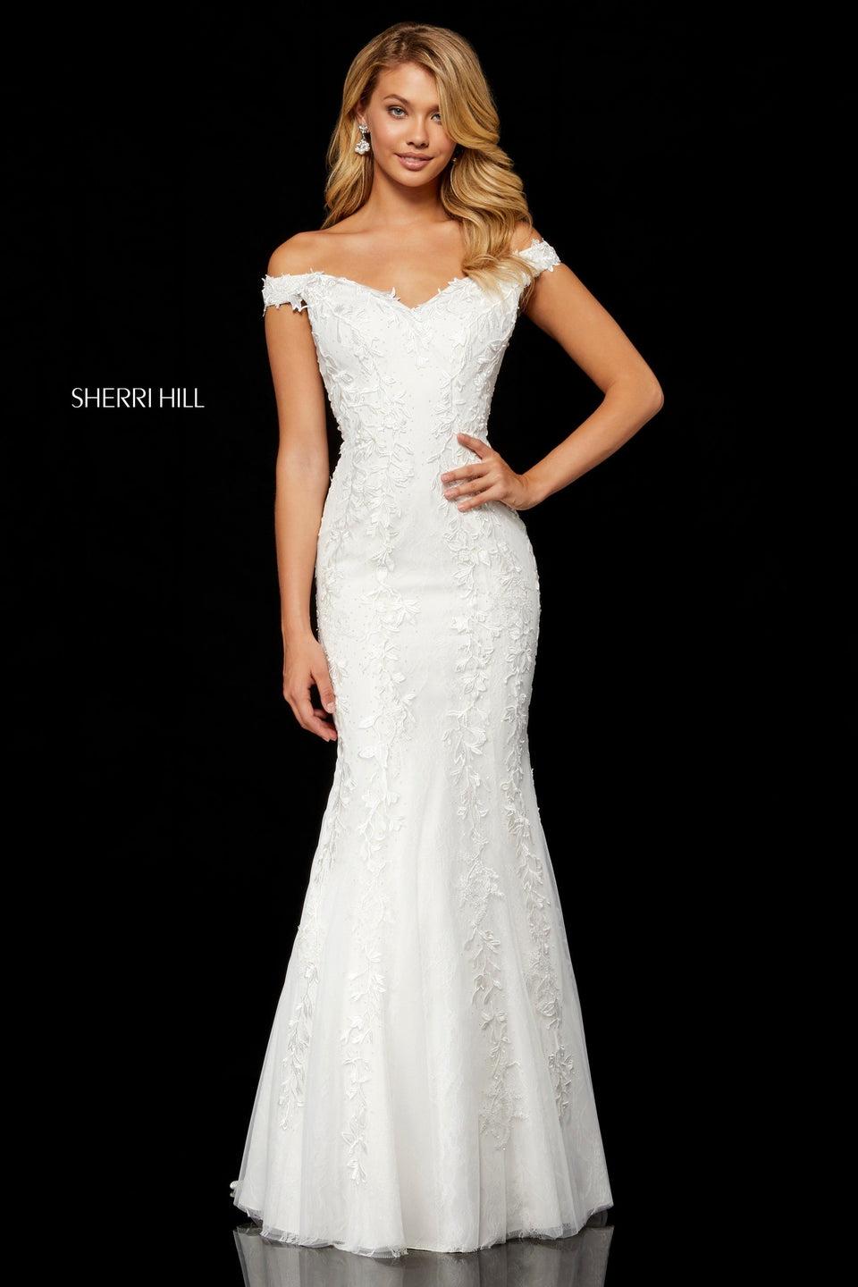 sherri hill Lace appliqued mermaid gown with off-shoulder bodice sherri hill Lace appliqued mermaid gown with off-shoulder bodice