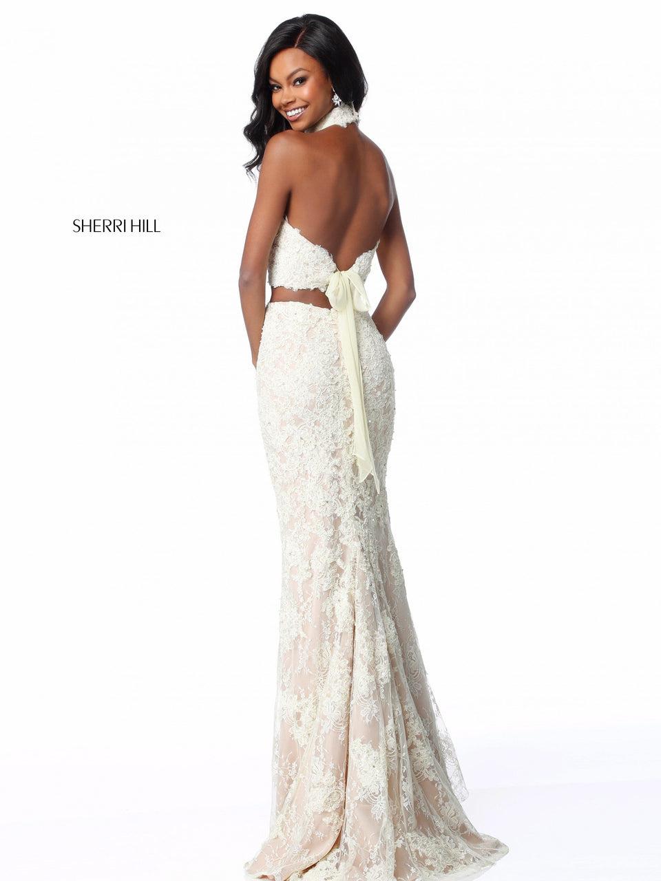 Sherri Hill Lace Appliqued Two Piece With High Neck Halter Bodice And Fitted Skirt