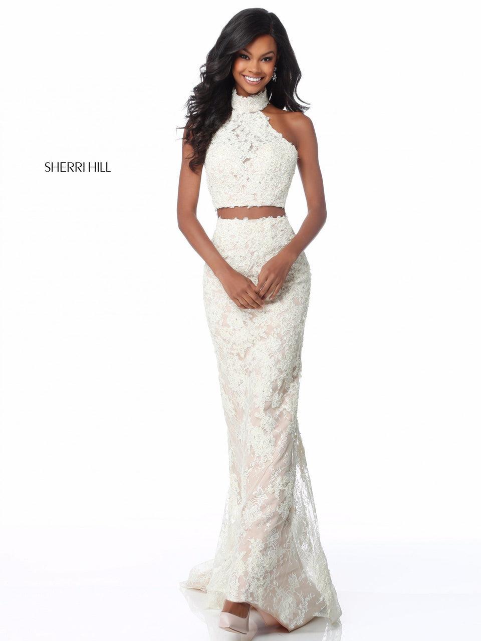 sherri hill Lace appliqued two piece with high neck halter bodice and fitted skirt