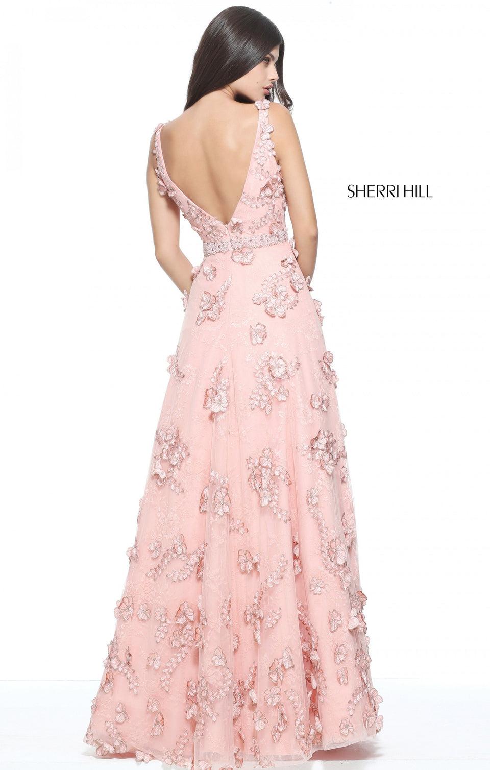 Sherri Hill Lace Ball Gown With 3D Flower Appliques On The Bodice And Skirt