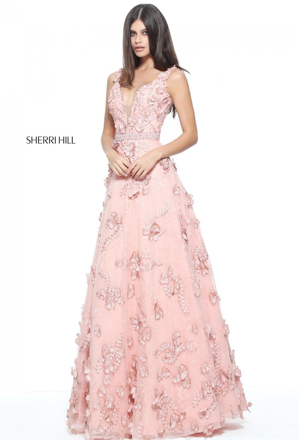 sherri hill Lace ball gown with 3D flower appliques on the bodice and skirt