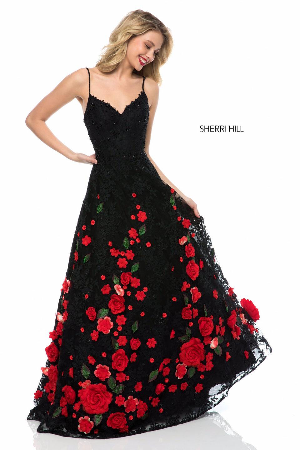 sherri hill Lace ball gown with rose flower applique