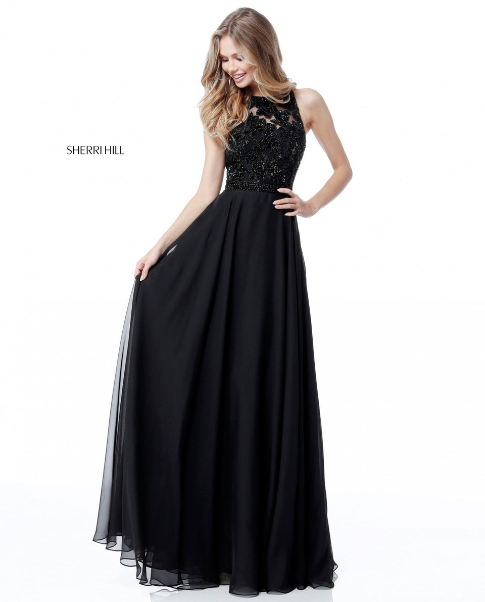 sherri hill Lace bodice with open back and chiffon skirt
