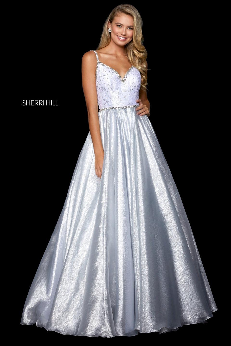 sherri hill Lace bodice with sweetheart neckline and embellished neckline straps and waist with metallic organza ball gown skirt
