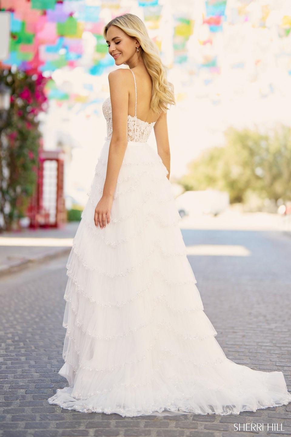 Sherri Hill Lace Corset Beaded Gown With Ruffle Skirt Slit And Satin Bow Belt