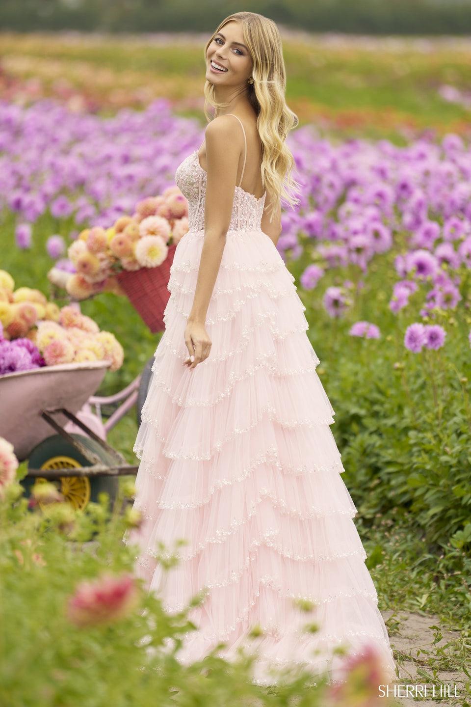 Sherri Hill Lace Corset Beaded Gown With Ruffle Tulle Skirt Slit