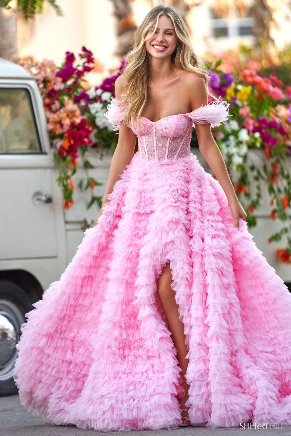 sherri hill Lace corset bodice with off the shoulder ostrich feathers ruffle ballgown with slit skirt