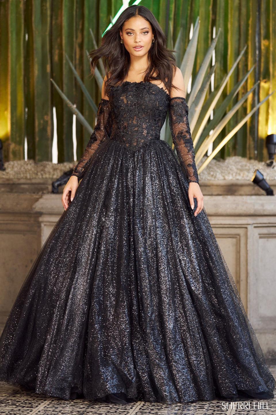 Sherri Hill Lace Corset Strapless Ball Gown With Sparkle Tulle Skirt And Removable Sleeves