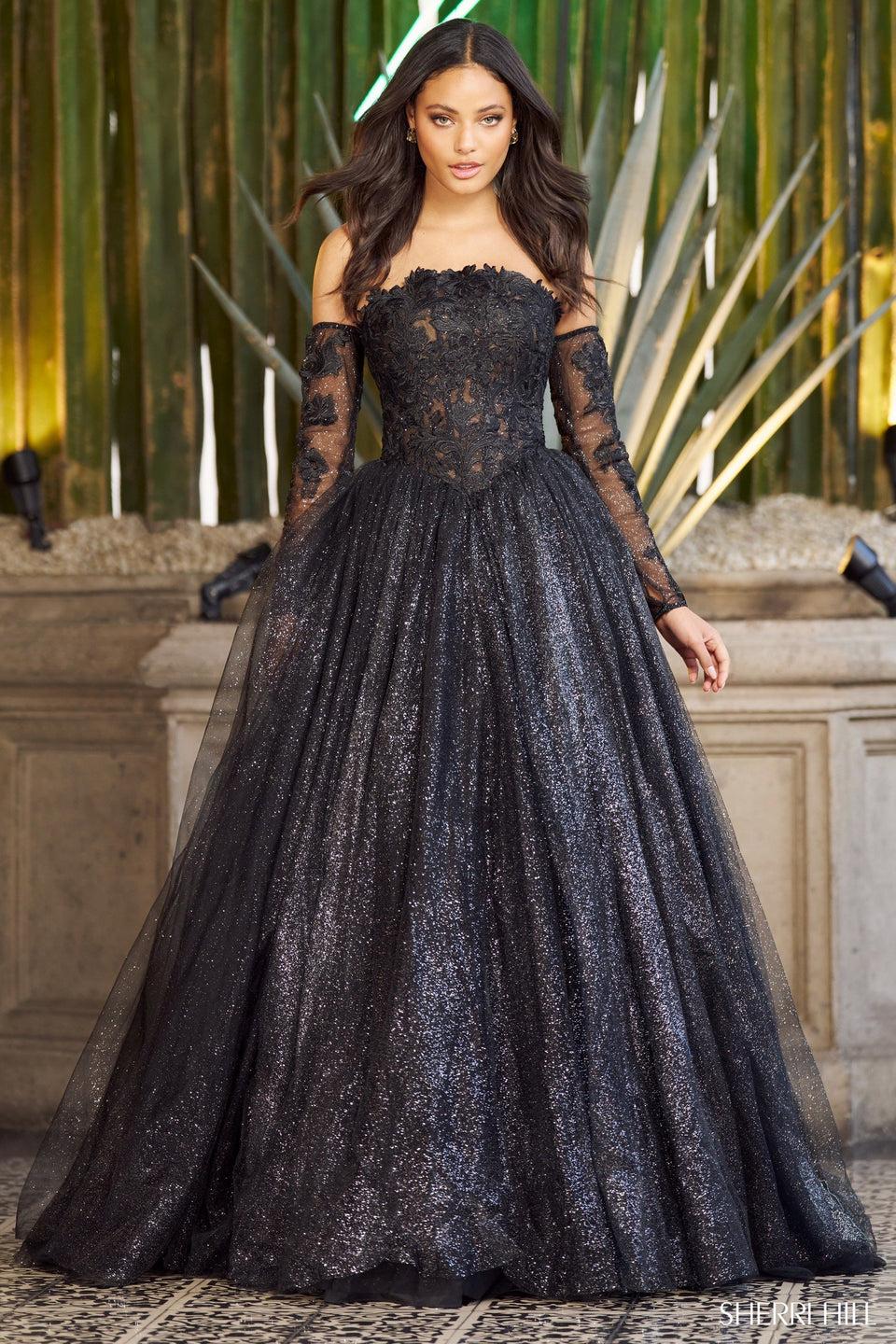 sherri hill Lace corset strapless ball gown with sparkle tulle skirt and removable sleeves