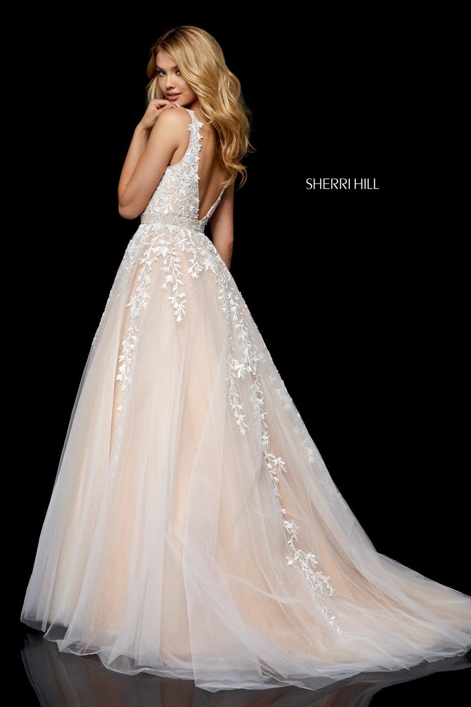 Sherri Hill Lace Deep V Bodice With Tulle Ball Gown Skirt And Beaded Belt