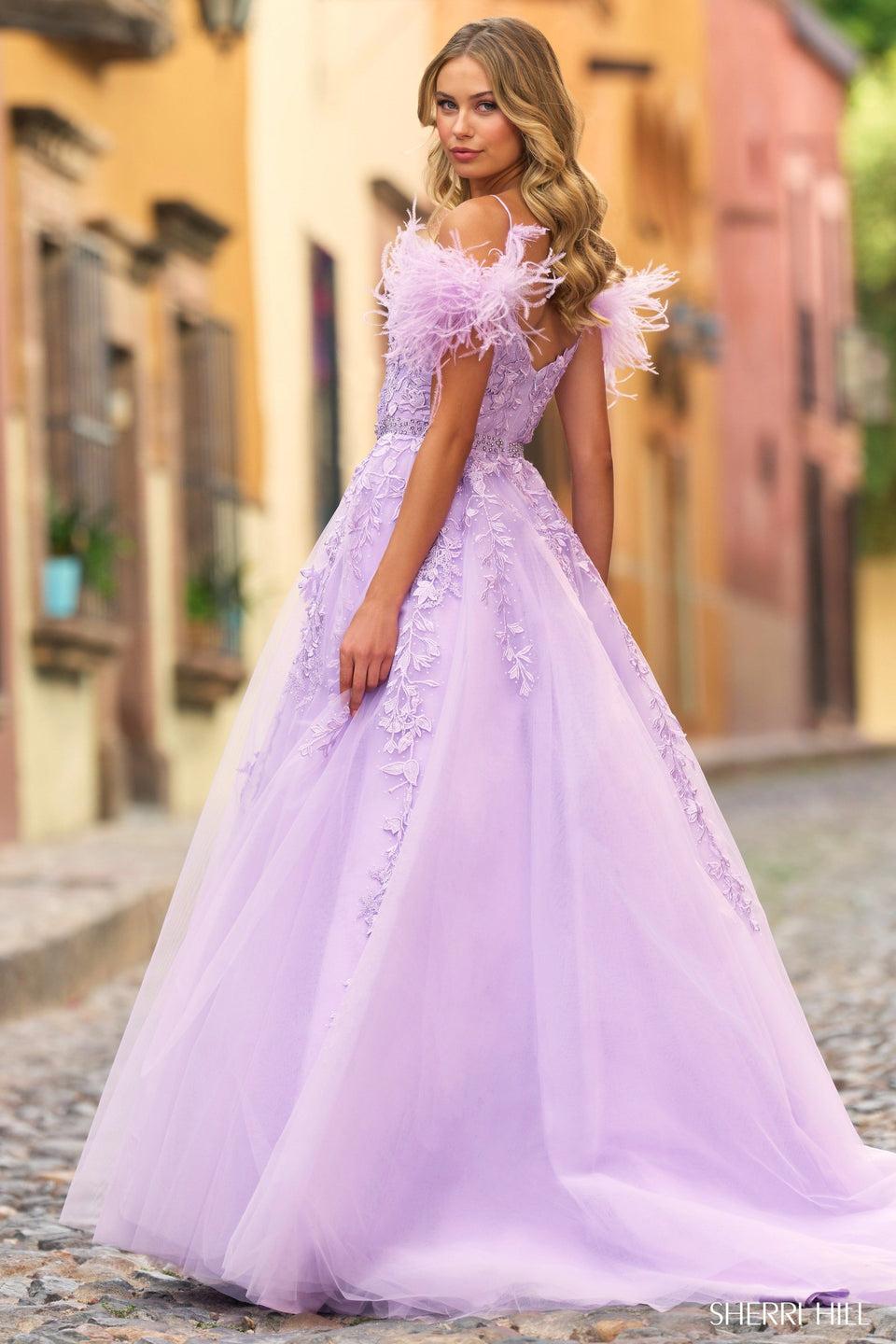Sherri Hill Lace Deep V Bodice With Tulle Ball Gown Skirt Beaded Belt And Feathered Sleeves